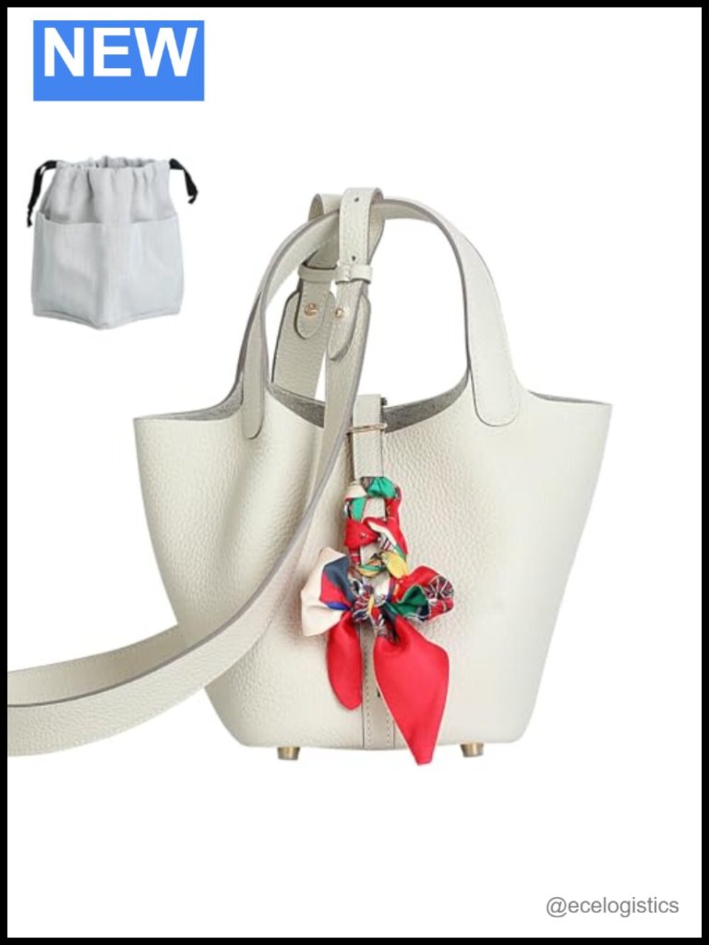 Genuine Leather Bucket Bag with Shoulder Strap, Organizer Insert & Silk Scarf